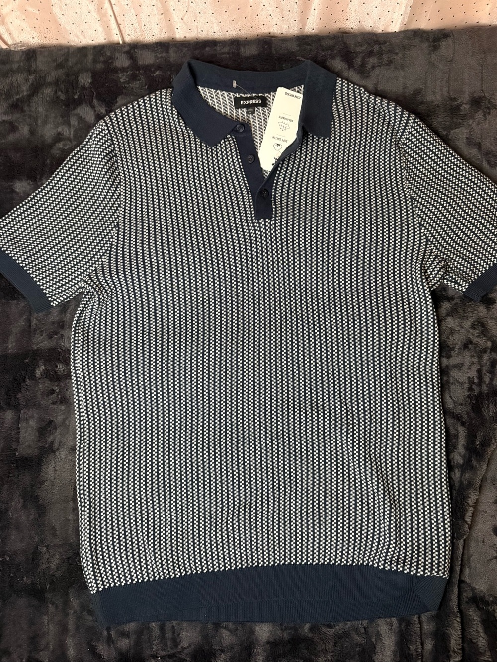 Express Navy and White Patterned Knit Polo